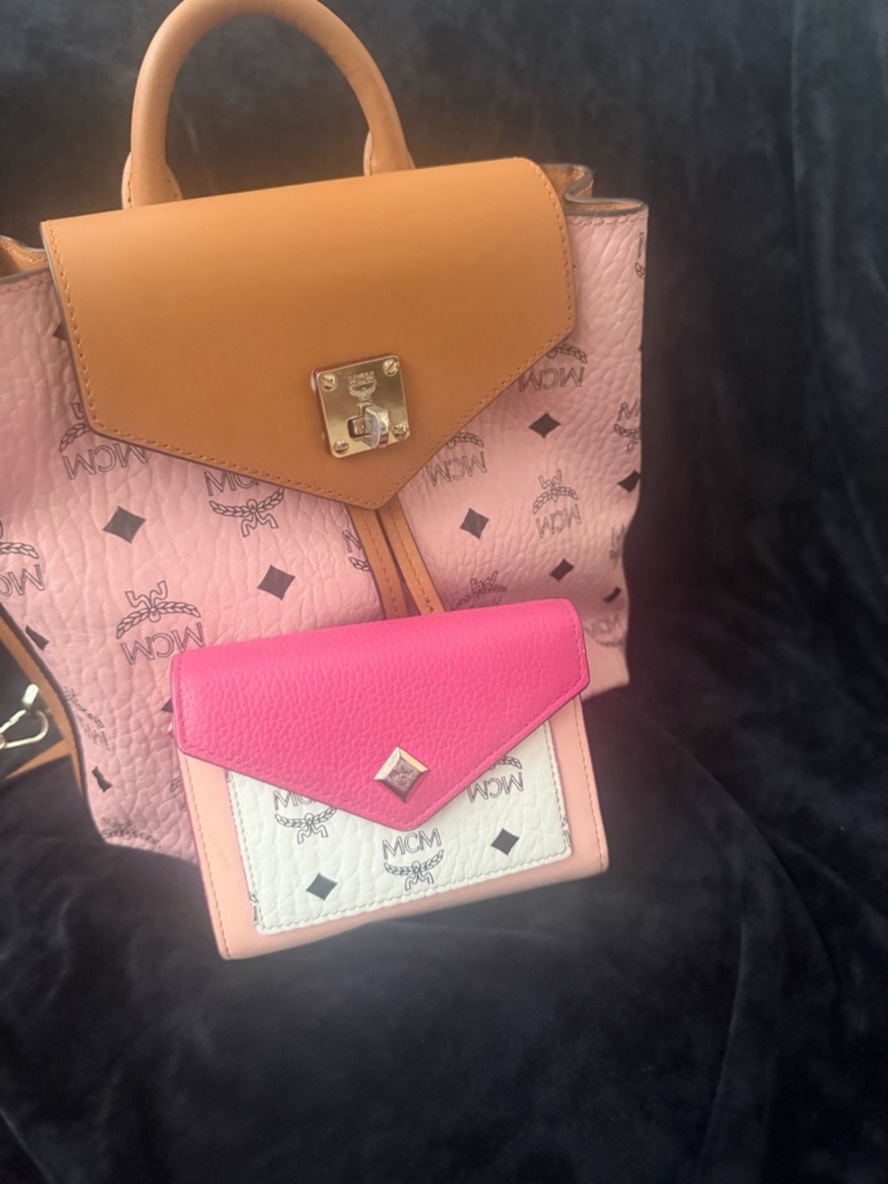 MCM Pink Logo Backpack with Tan Flap and Hot Pink Wallet Pouch